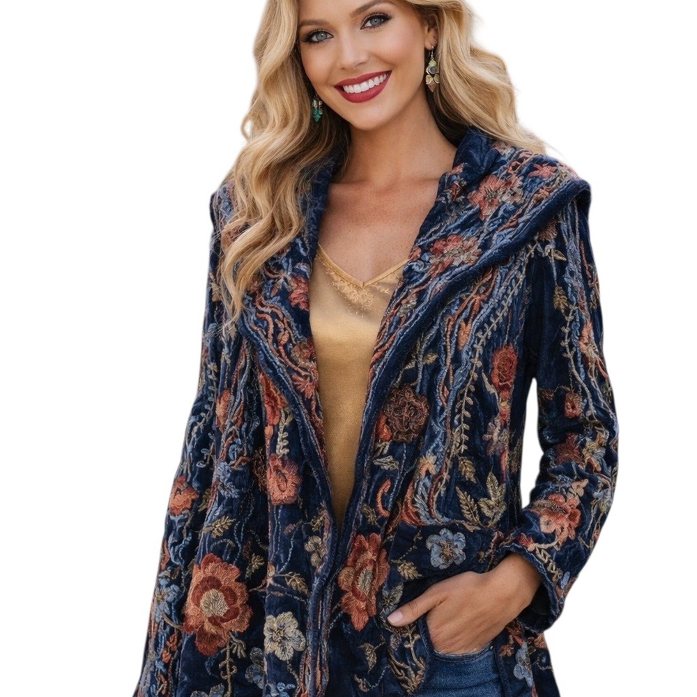 Johnny Was metallic thread Syelles Embroidered
Hoodie Jacket Indigo NWT RARE